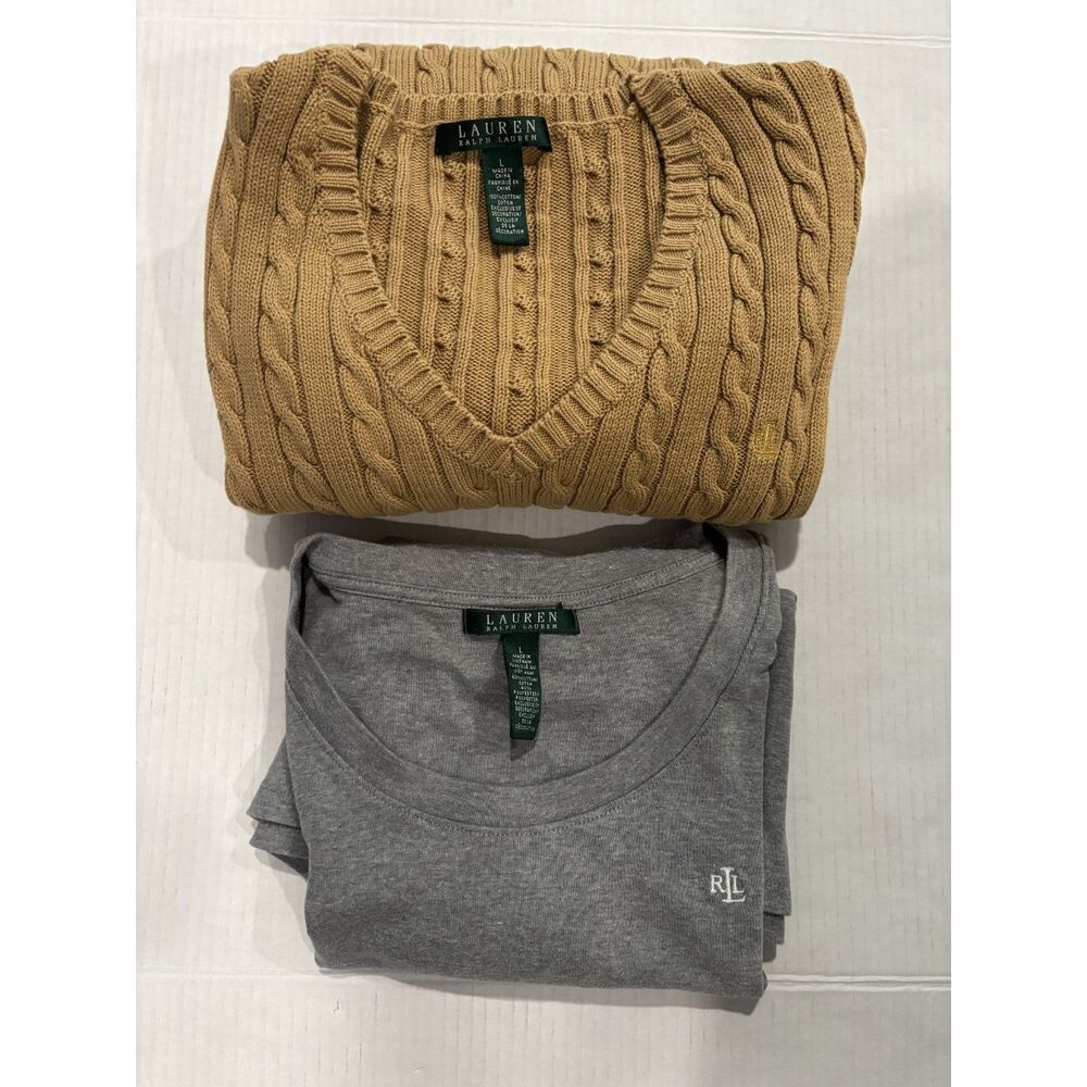 Lauren Ralph Lauren Bundle: Cable Knit Sweater & Grey Long sleeve tee large